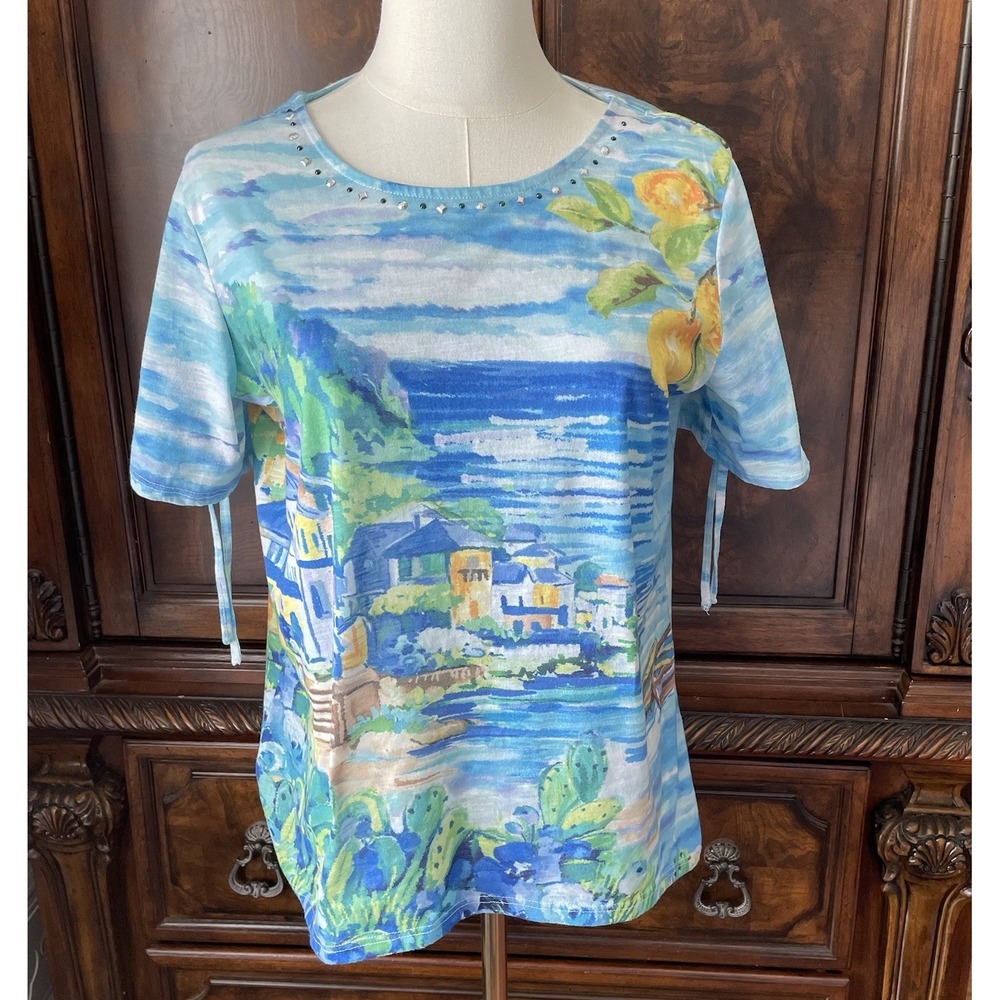Alfred Dunner Coastal Mediterranean Scenic Print Top Blue Lemon S Euro Summer